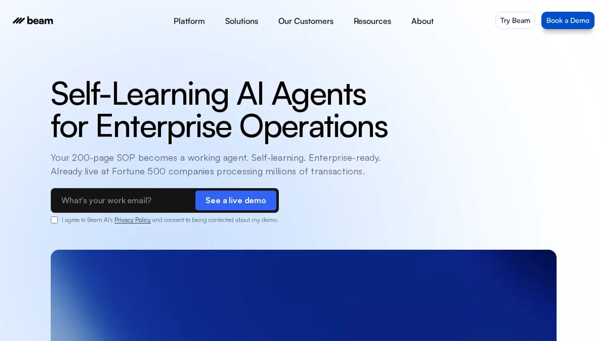 Screenshot of the Beam.ai homepage, captured September 2026