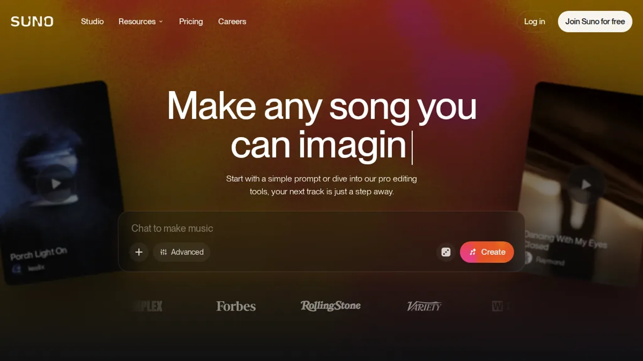 Screenshot of the Suno homepage, captured September 2026