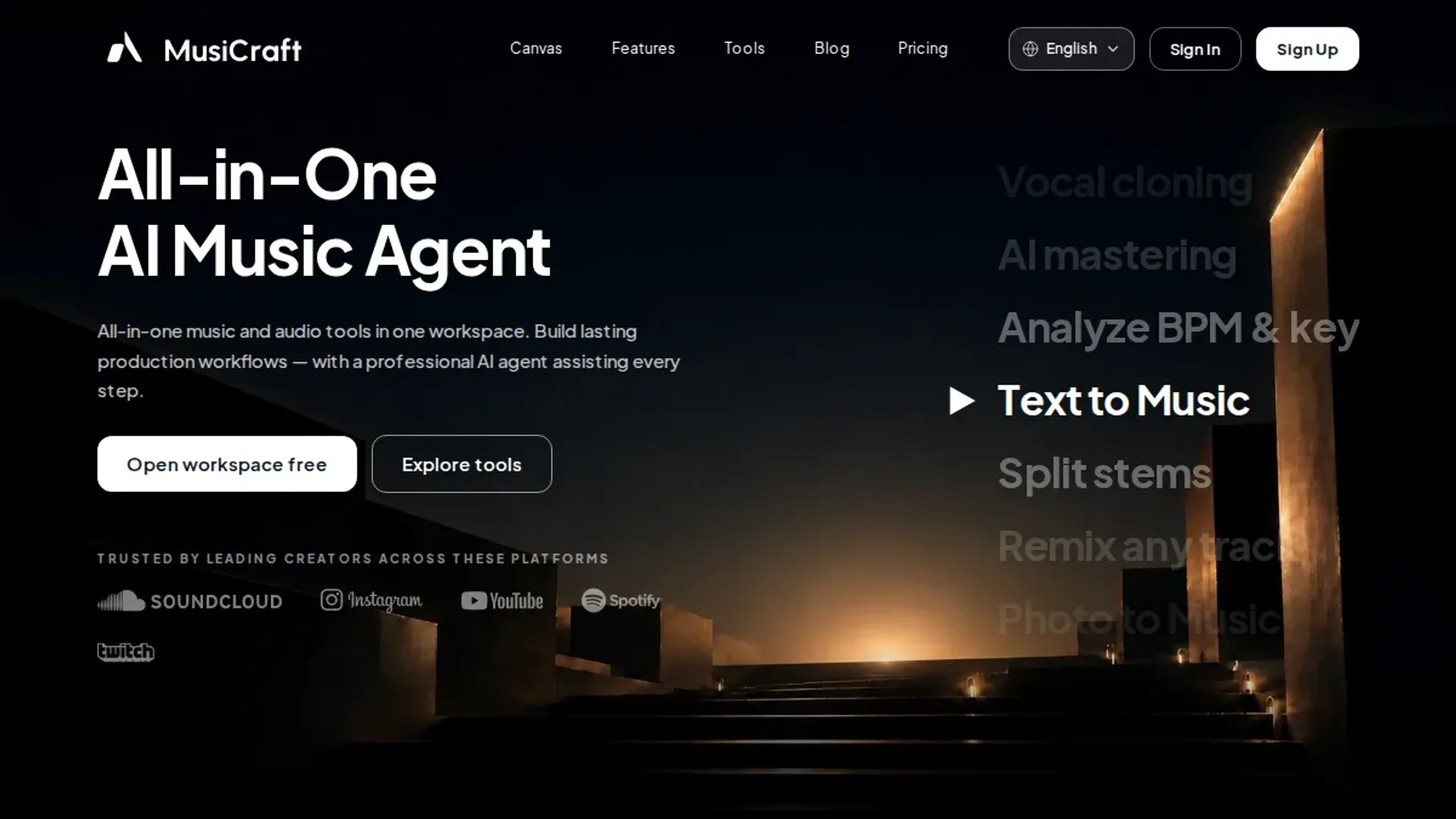 Screenshot of the MusiCraft AI homepage, captured September 2026